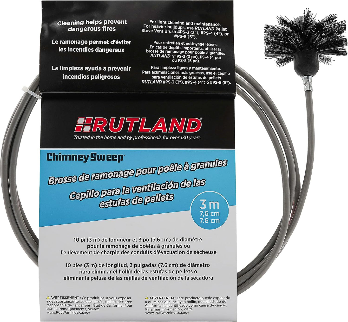 Rutland 3-Inch Pellet Stove/Dryer Vent Brush with 10-Feet Handle