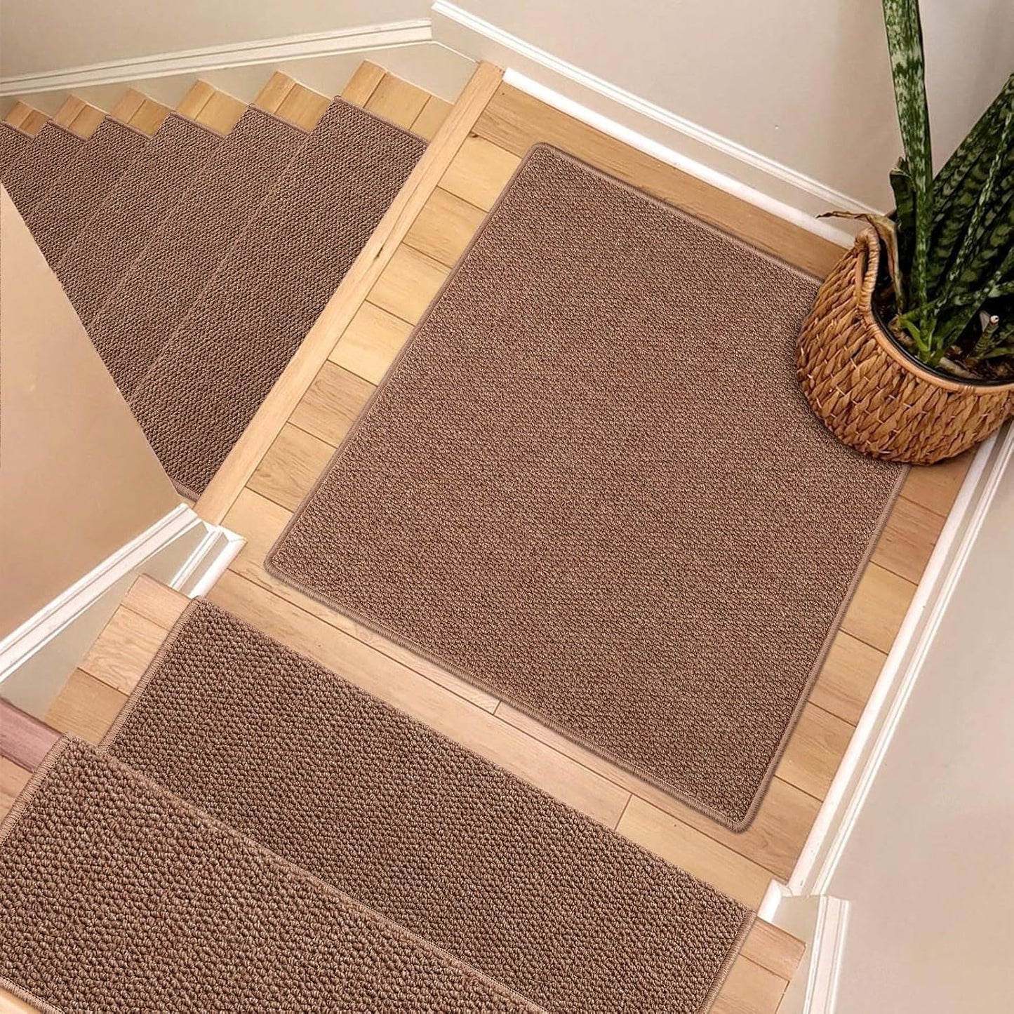 Brakki Bullnose Carpet Stair Treads, Non Slip Stair Treads for Wooden Steps Indoor, Stair Runner, Soft Stair Rugs, Edging Stair Protectors, Washable, 29.5"x9.5"x1.5" 14pcs, Beige