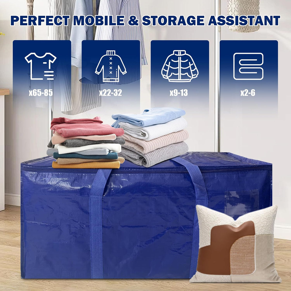 8 Pack Extra Heavy Duty Large Moving Bags with Strong Zipper & Carrying Handles, Sturdy Clothes Storage Bags Totes Bins, Packing Bag Move Boxes College Moving Supplies, Dark Blue - 24 gal