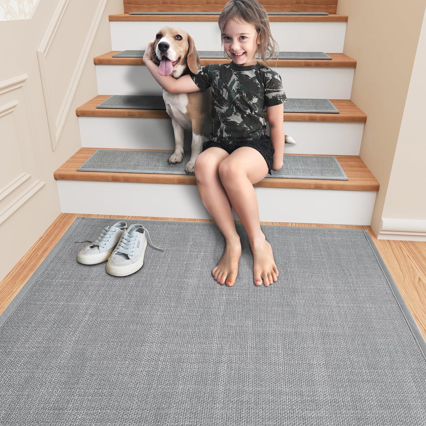 Stair Treads Carpet 4 pcs for Wooden Steps with Non Slip Rubber Backing, 100% Polyester Soft Stairs Resistant Indoor Skid Runner Safety Rugs for Kids Elders and Pets 30" * 8" (Dark Gray)