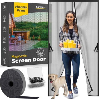 Magnetic Screen Door, Hands-Free Kid/Pet-Friendly Walk Through - Self Magnetic Closure Screen Door Mesh, Stay-Open Option with Buckles - Keeps Bugs Out Lets Breeze in, Fits Door Size (39.4" x 82.7")