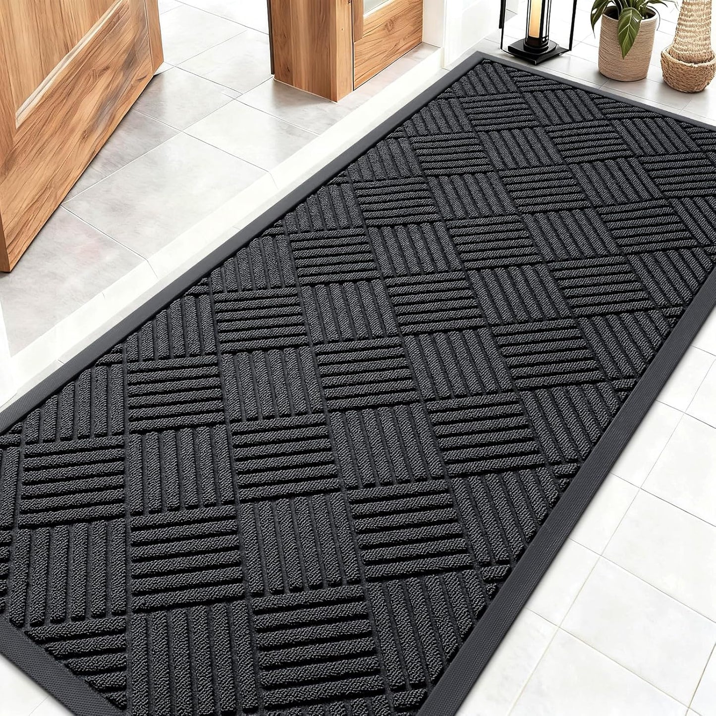 OLANLY Front Door Mat Outside Entrance 29.5x17, Absorbent, Heavy Duty Sturdy Natural Rubber Doormat Indoor Outdoor, Stain and Fade Resistant, Non-Slip Low Profile Floor Mat for Entryway, Grey Diamond