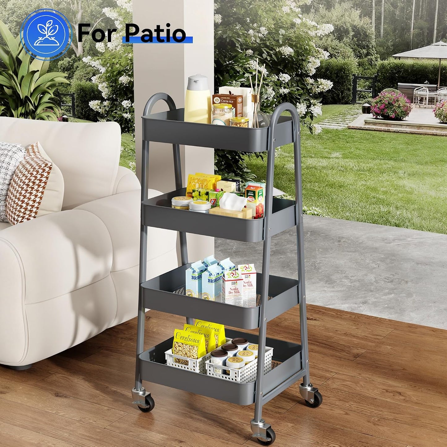 OLIXIS Metal 4 Tiers Utility Rolling Cart, Mobile Storage Shelf with Lockable Caster Wheels, Organization for Livingroom, Bathroom, Kitchen, & Narrow Places, 4-Tier Green