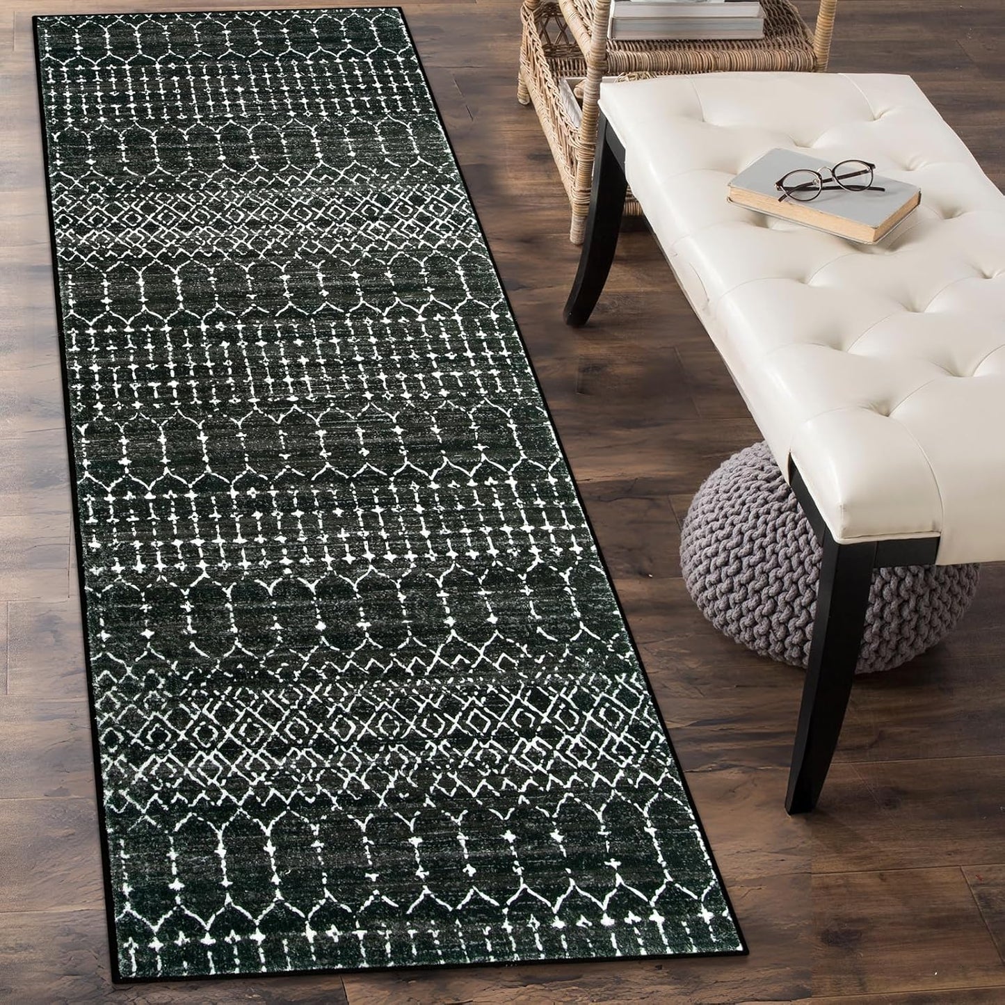 Lahome Moroccan Entry Rug 2x3, Non-Slip Washable Front Indoor Door Mat Rubber Backing Low-Profile Door Rugs, Small Geometric Print Distressed for Entryway Bathroom Kitchen, Black Hana