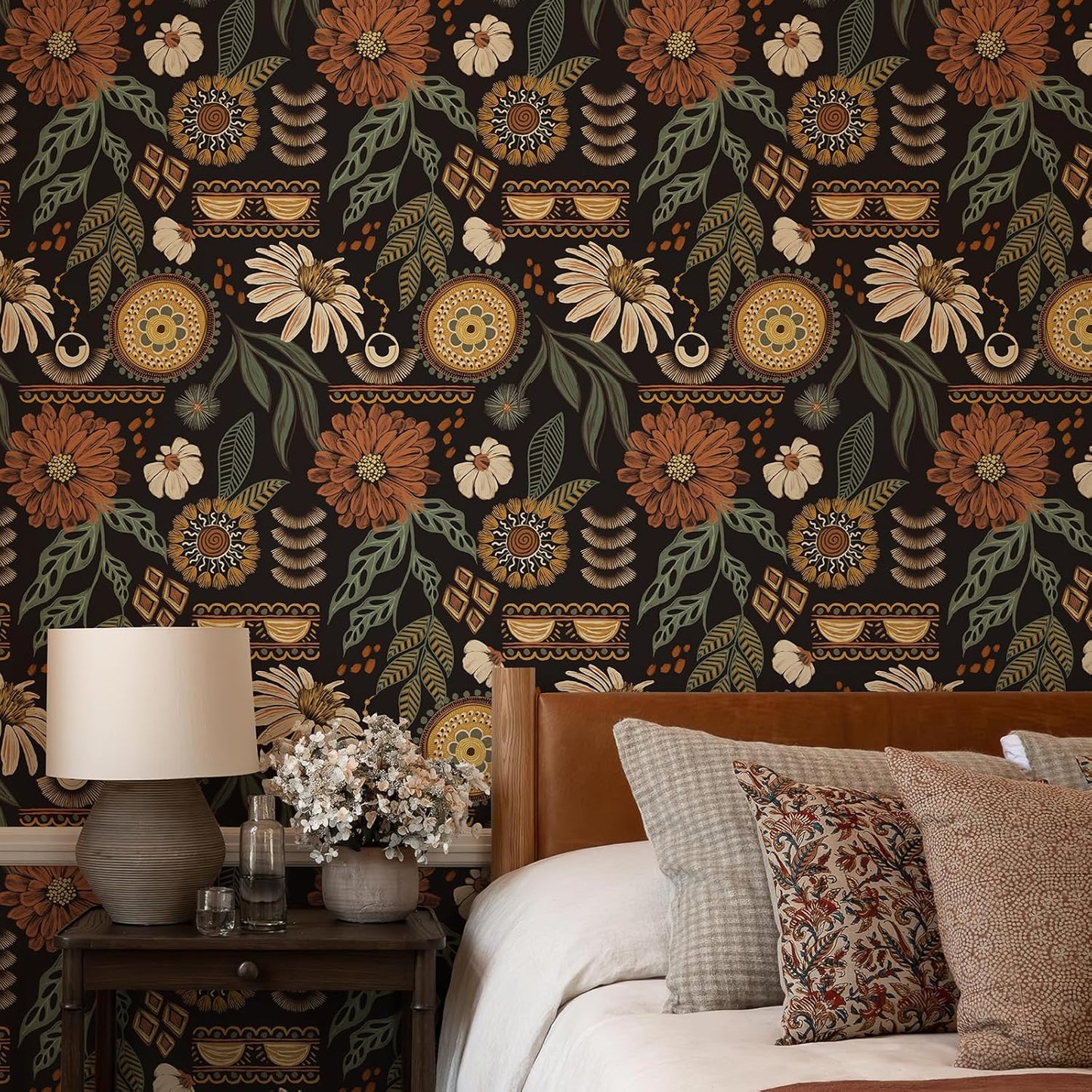 Simon&Siff Boho Peel and Stick Wallpaper, 17.3" x 80" Sun Floral Retro Contact Paper Removable Self Adhesive Wall Paper for Cabinets Furniture Bedroom Nursery Bathroom Renter Friendly DIY Decor