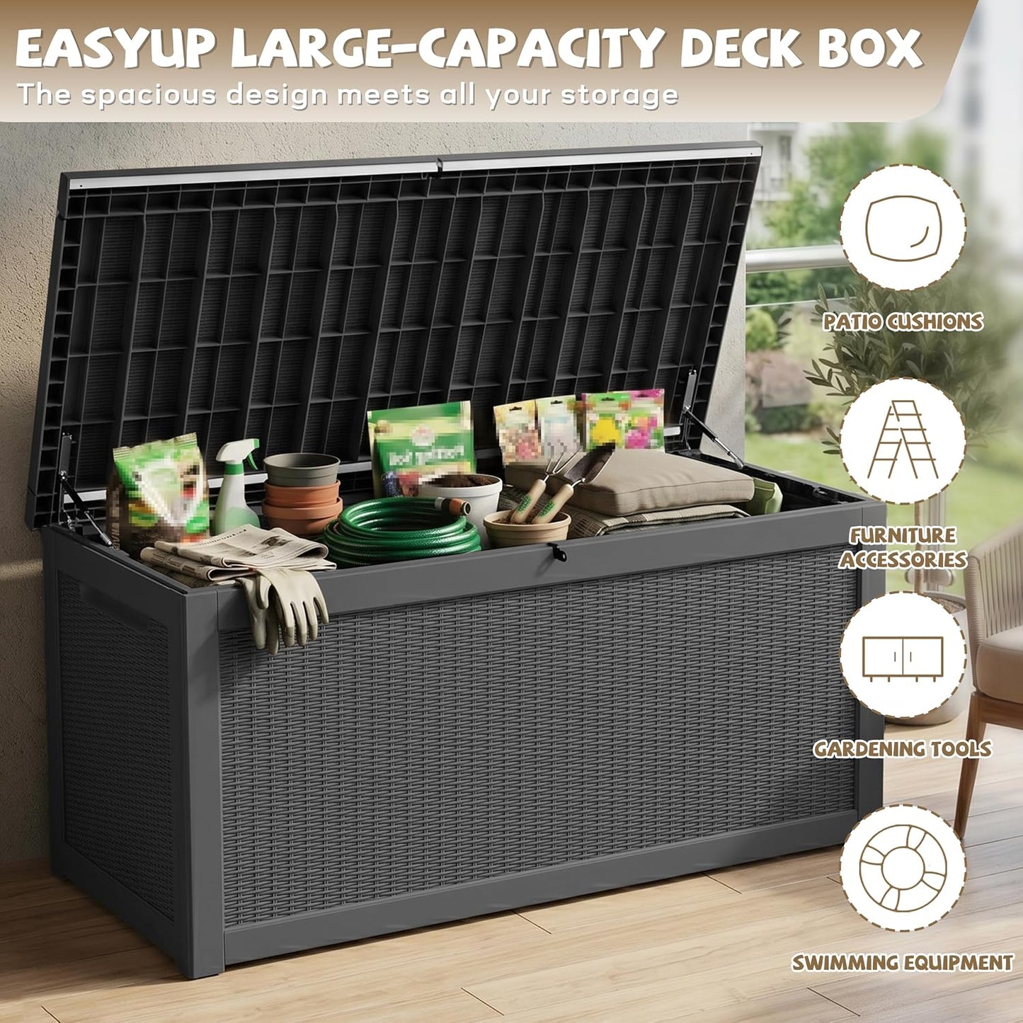 EasyUp 35 Gallon Outdoor Storage Box, Outdoor Deck Boxes for Garden Tools Equipment,Cushions and Patio Storage,Lockable and Resin,Easy to Install(Black)