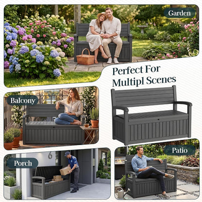 Outdoor Bench, Waterproof Garden Bench with Storage, 100 Gallon Lockable Resin Deck Box, Weatherproof Bench Seating for Patio Yard Cushions Tools, Black