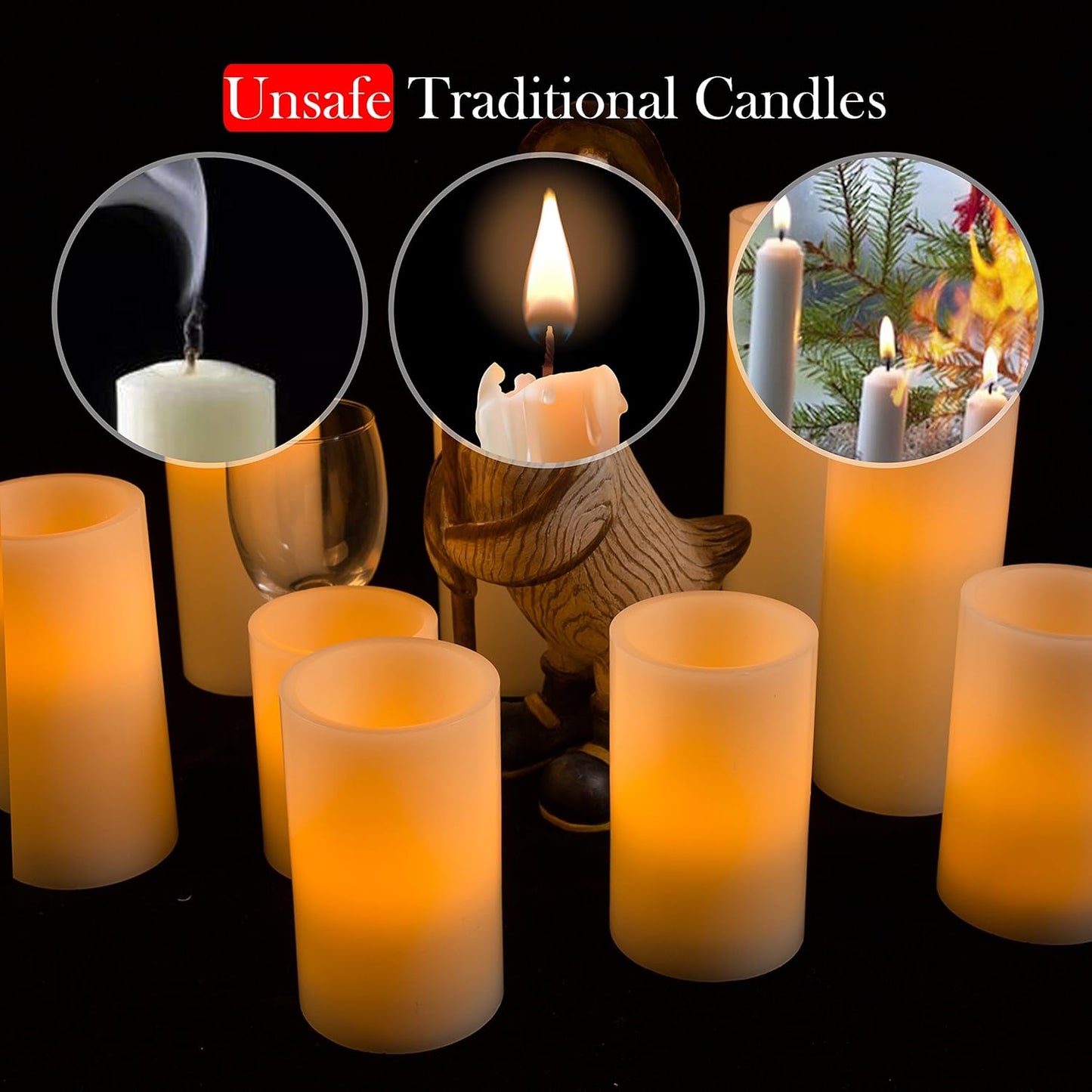 Homemory 9" x 3" Flameless Candles Battery Operated, Flickering LED Pillar Candles with Timers and 2 Remote Controls, Indoor Only, Flat Top, Ivory White Wax, Set of 2