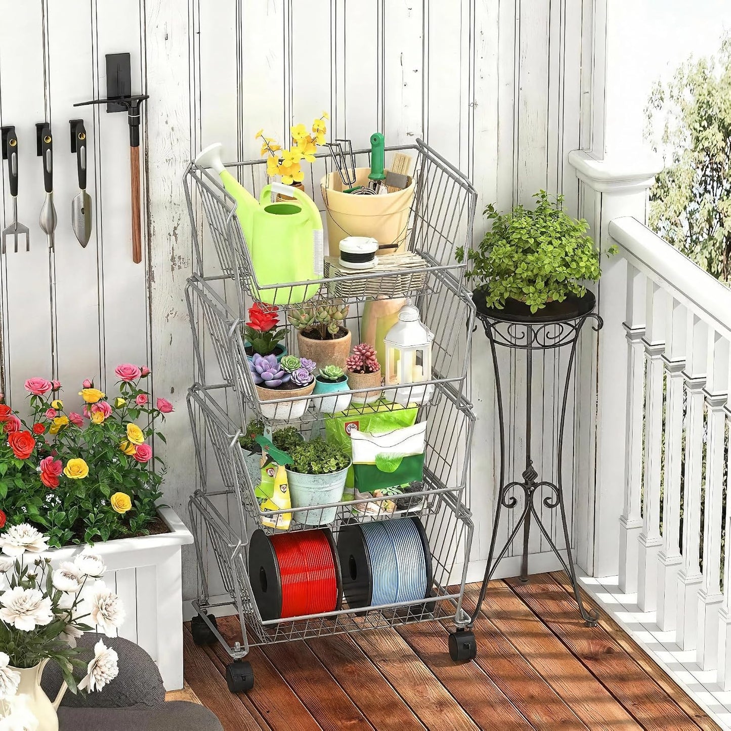 PUSDON 6-Tier Tall Stackable Wire Storage Baskets with Wheels, Vertical Metal Rolling Utility Cart, High Capacity Produce Basket for Kitchen Pantry, Snack Organizer, Matte Black