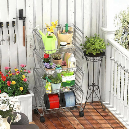 PUSDON 6-Tier Tall Stackable Wire Storage Baskets with Wheels, Vertical Metal Rolling Utility Cart, High Capacity Produce Basket for Kitchen Pantry, Snack Organizer, Matte Black