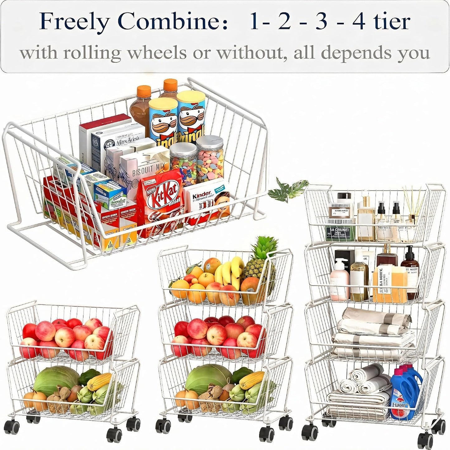 PUSDON 6-Tier Tall Stackable Wire Storage Baskets with Wheels, Vertical Metal Rolling Utility Cart, High Capacity Produce Basket for Kitchen Pantry, Snack Organizer, Matte Black