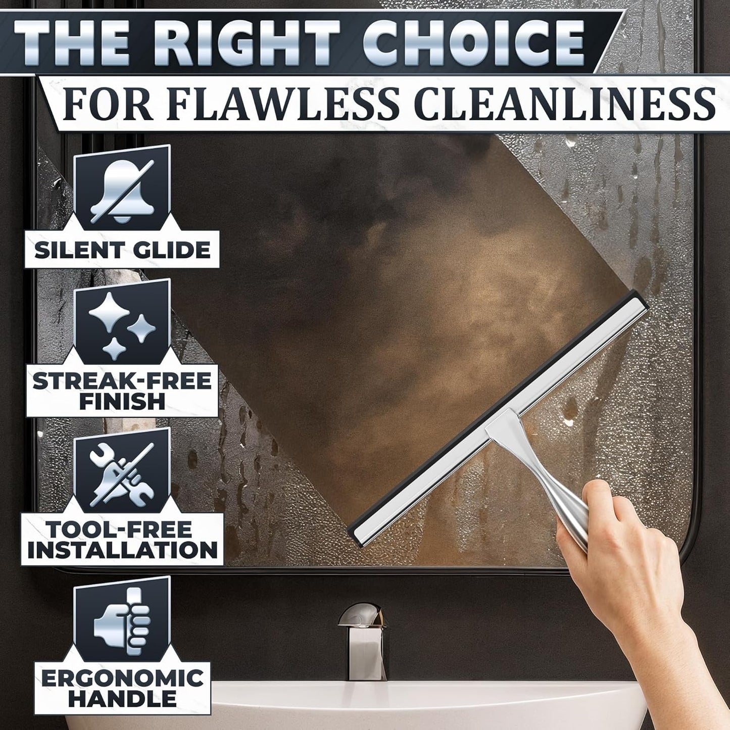 Shower Door Squeegee with Adhesive & Hanging Hooks, 12" Silicone Blade - Stainless Steel All-Purpose Squeegee for Shower Glass, Bathroom Mirror Cleaner Tool Suitable for Tile Walls - Multi-Surface Use