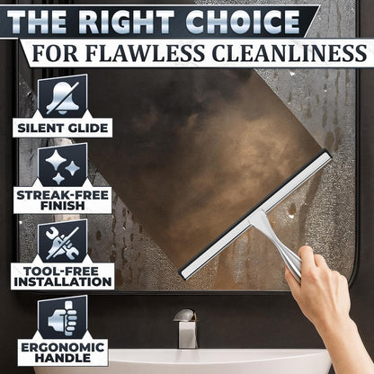 Shower Door Squeegee with Adhesive & Hanging Hooks, 12" Silicone Blade - Stainless Steel All-Purpose Squeegee for Shower Glass, Bathroom Mirror Cleaner Tool Suitable for Tile Walls - Multi-Surface Use