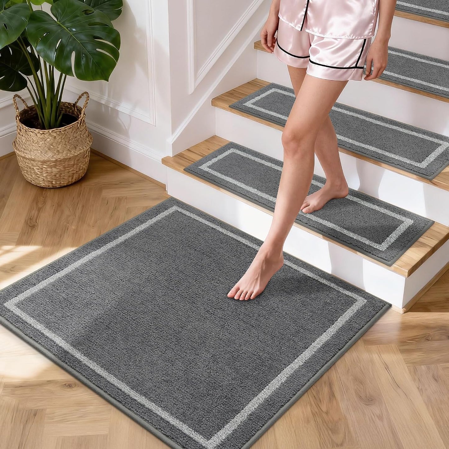 COSY HOMEER Soft Stair Treads Non-Slip Carpet Mat 28inX9in Indoor Stair Runners for Wooden Steps, Stair Rugs for Kids and Dogs, 100% Polyester TPE Backing 4pcs, Grey