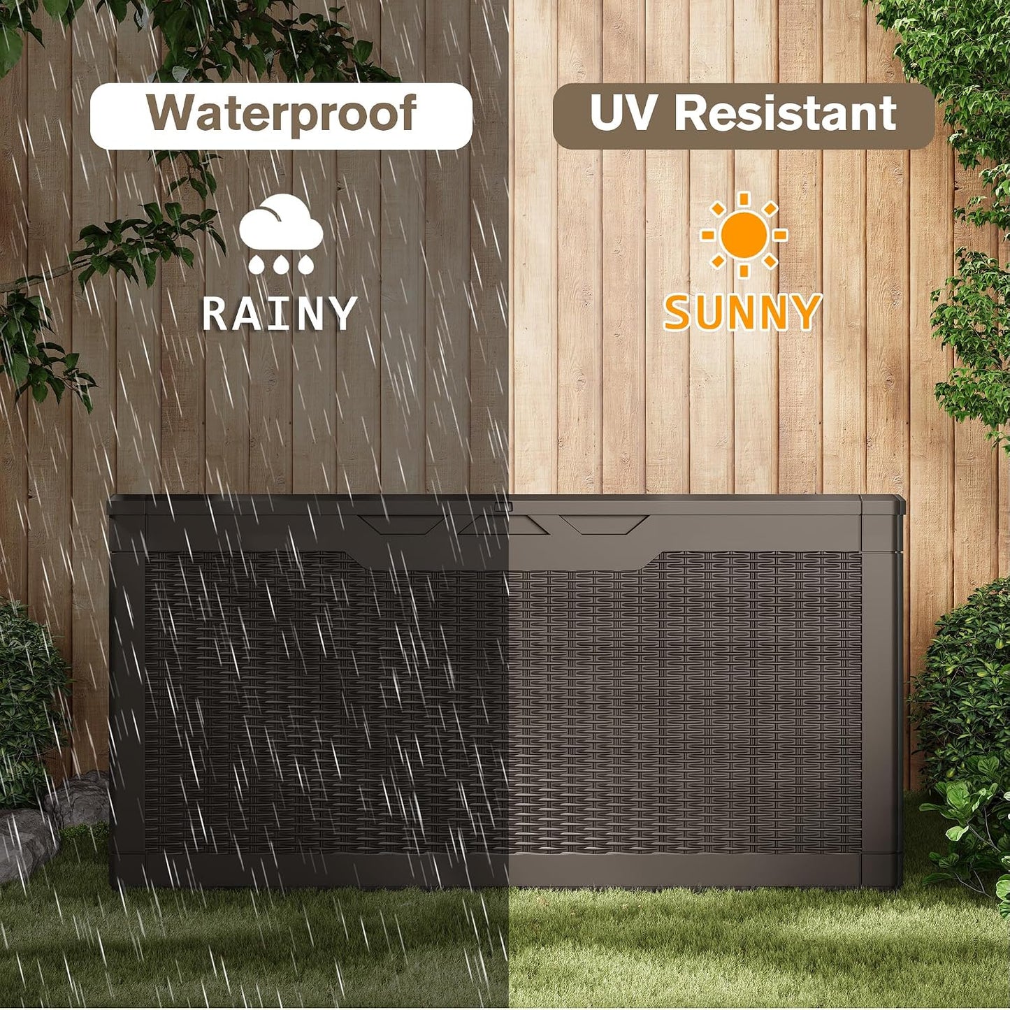 JUMMICO 31 Gallon Resin Deck Box Waterproof Indoor Outdoor Storage Boxes for Patio Furniture Cushions and Garden Tools (Brown)