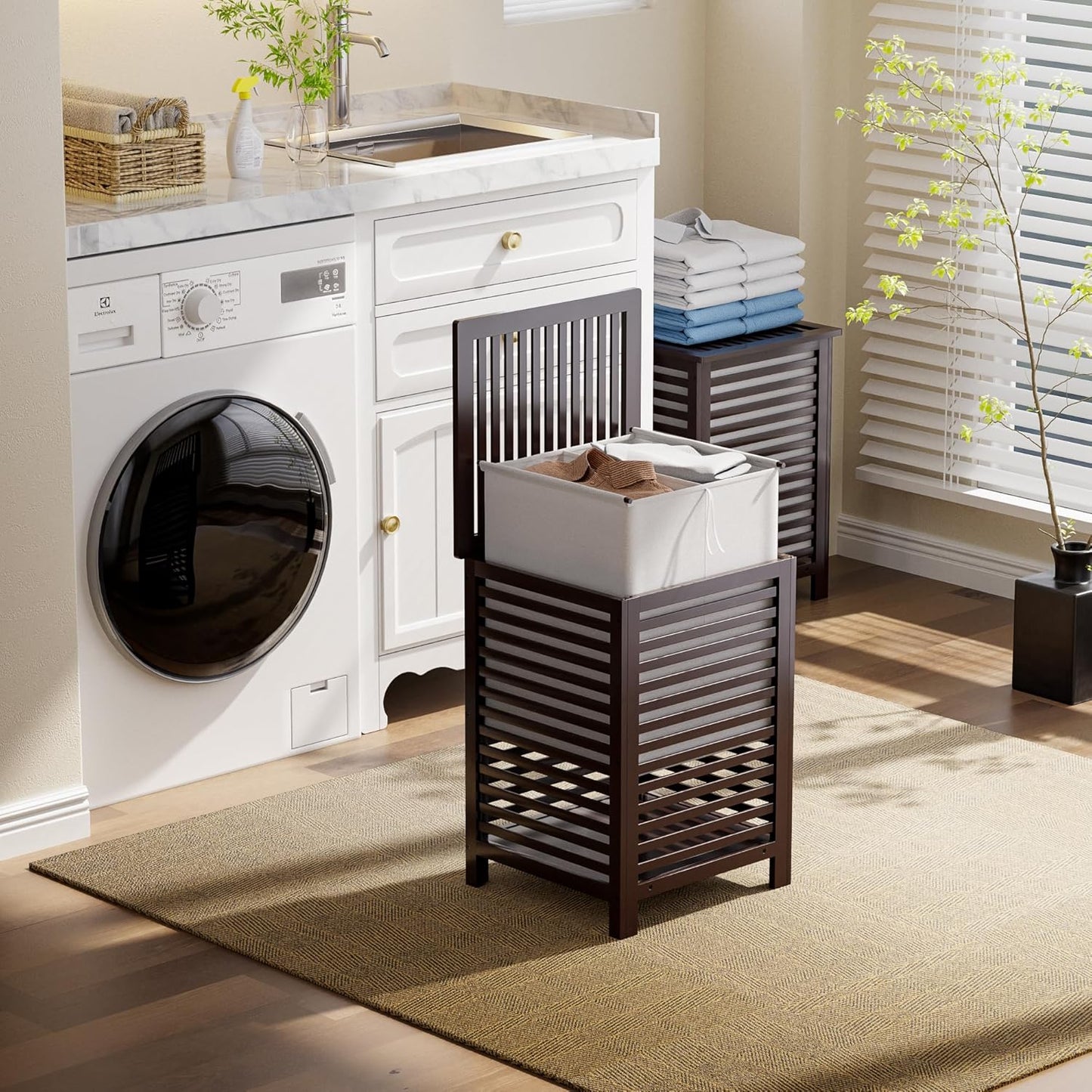 SMIBUY Double Laundry Hamper with Lid, 120L Bamboo Laundry Basket with Removable Liner Bag, 2-Section Clothes Divider Laundry Sorter for Laundry Room, Bathroom, Bedroom (Walnut)