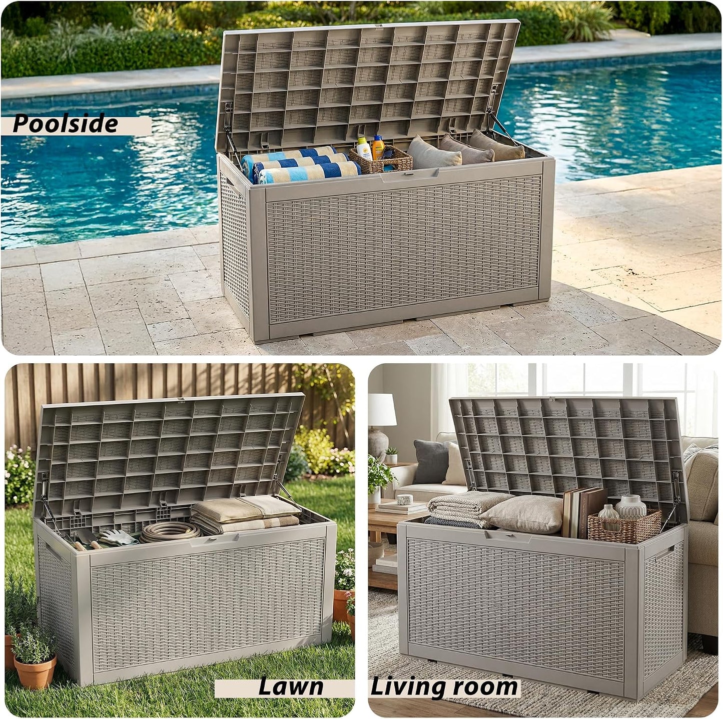 125Gal Outdoor Storage Box, Lockable Deck Box with Hydraulic Lid | Waterproof UV-resistant, Durable outdoor bin for patio cushions, pool accessories & garden tools. Keeps contents secure & dry