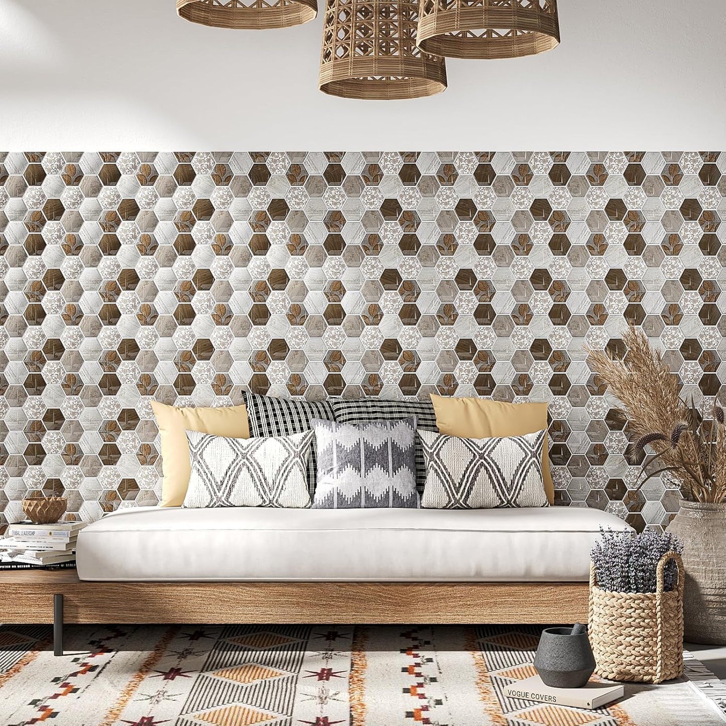 VEELIKE Boho Hexagon Peel and Stick Backsplash Tile Decals 6-Sheets Adhesive Waterproof Stick on Backsplash for Kitchen Bathroom 12''x12'' Temporary Wall Tile Stickers for Renters Laundry Fireplace