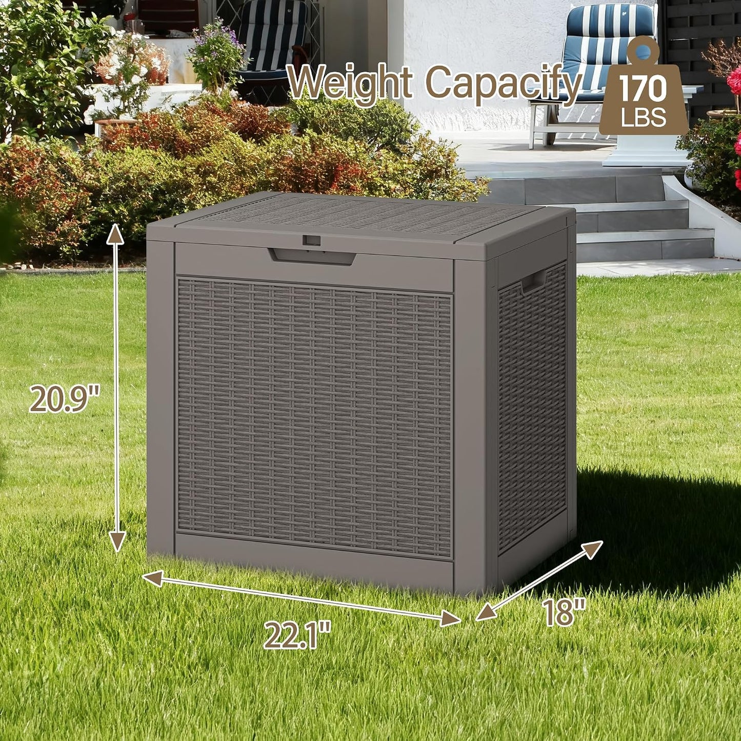 Outdoor Storage Box, 45 Gallon Deck Box with Lockable Lid, Waterproof Resin Storage Bin for Cushions, Garden Tools, Patio Furniture, Grey