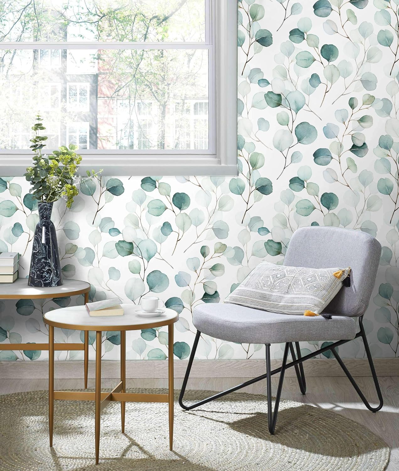 HAOKHOME Peel and Stick Wallpaper Boho Green/White Botanical Leaf Floral Wall Mural Home Nursery Decor Renter Friendly Wallpaper 17.3in x 9.8ft