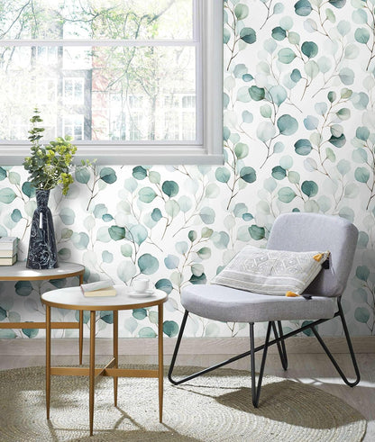 HAOKHOME Peel and Stick Wallpaper Boho Green/White Botanical Leaf Floral Wall Mural Home Nursery Decor Renter Friendly Wallpaper 17.3in x 9.8ft