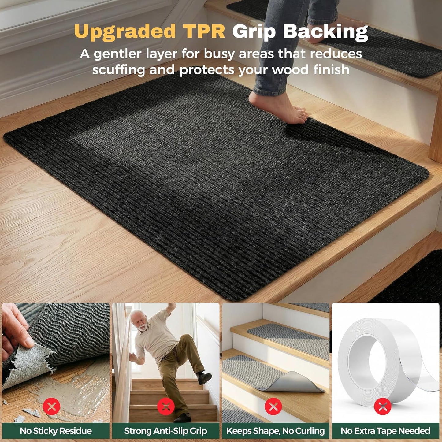 MBIGM 8" X 30" (15 in Pack) Nonslip Carpet Stair Treads Non-Skid Safety Rug Slip Resistant Indoor Runner for Kids Elders & Pets with Reusable Adhesive - Brown - Non Slip Stair Treads Indoor