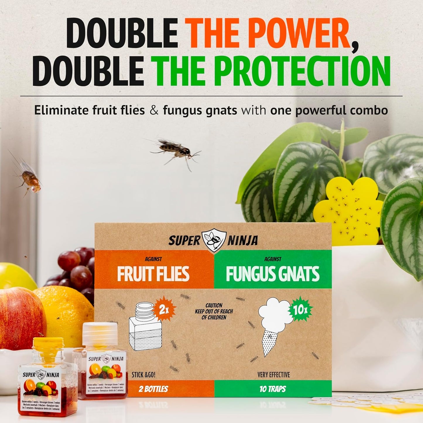 Super Ninja Fruit Fly Traps for Indoors - 4 Pack, Highly Effective Fruit Fly Catcher for Indoor Use for Home & Kitchen, Up to 3 Weeks of Performance per Bottle, Kid & Pet Friendly
