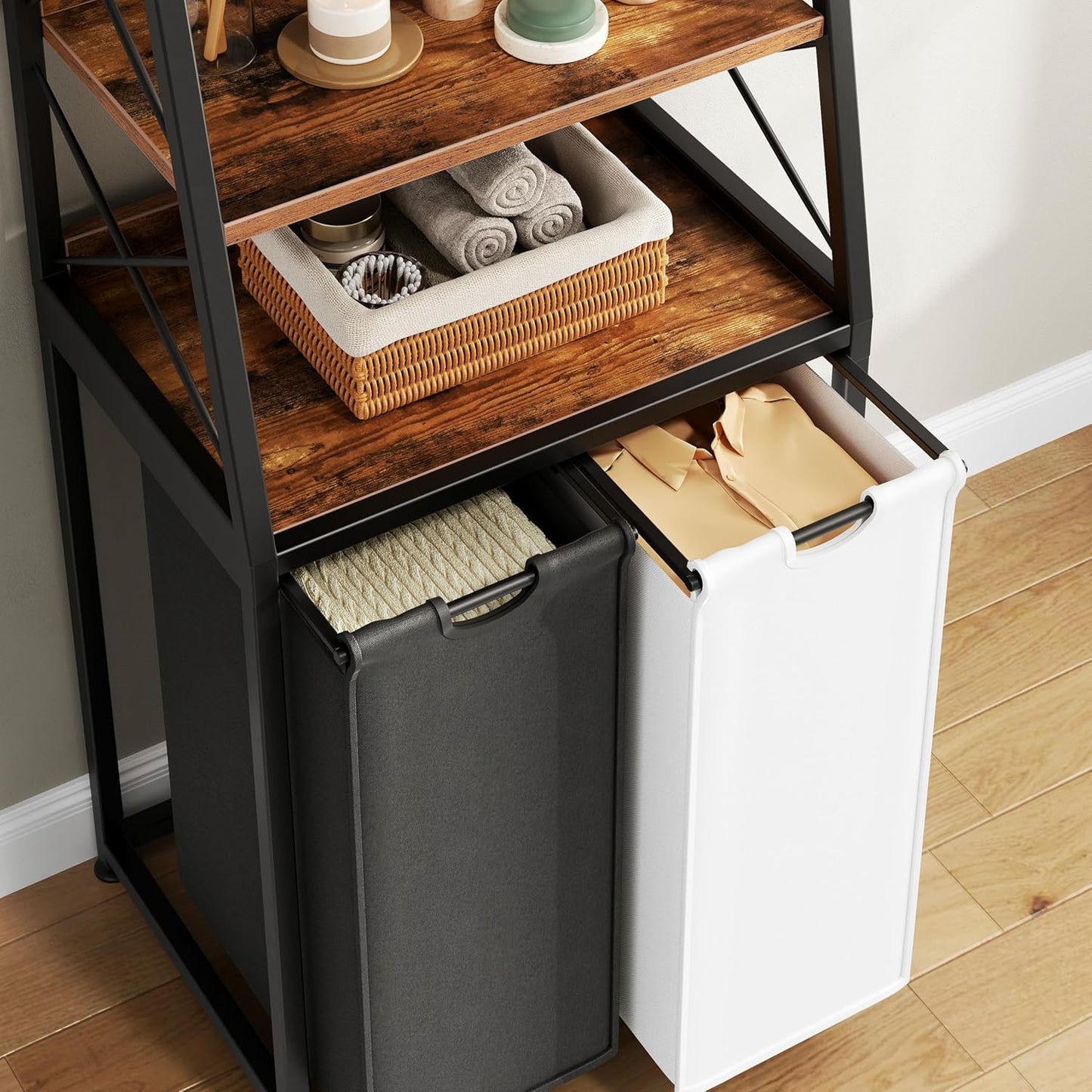 Herture Laundry Basket, 3 Section Laundry Hamper with 4 Tiers Shelf, Pull-Out and Removable Laundry Bags, Large 3 x 15.87 Gallons, for Laundry Room Bathroom Rustic Brown PF05XLN