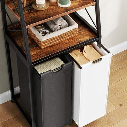 Herture Laundry Basket, 3 Section Laundry Hamper with 4 Tiers Shelf, Pull-Out and Removable Laundry Bags, Large 3 x 15.87 Gallons, for Laundry Room Bathroom Rustic Brown PF05XLN