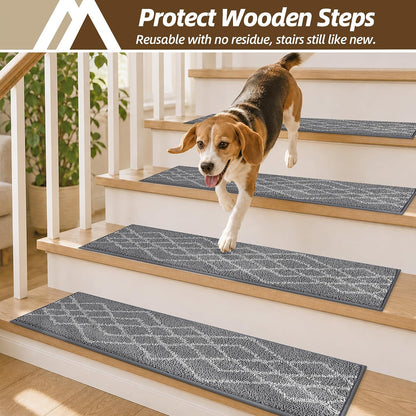 COSY HOMEER Soft Stair Treads Non-Slip Carpet Mat 28inX9in Indoor Stair Runners for Wooden Steps,Stair Rugs for Kids and Dogs, 100% Polyester TPE Backing 7pcs,Black,Rhombus
