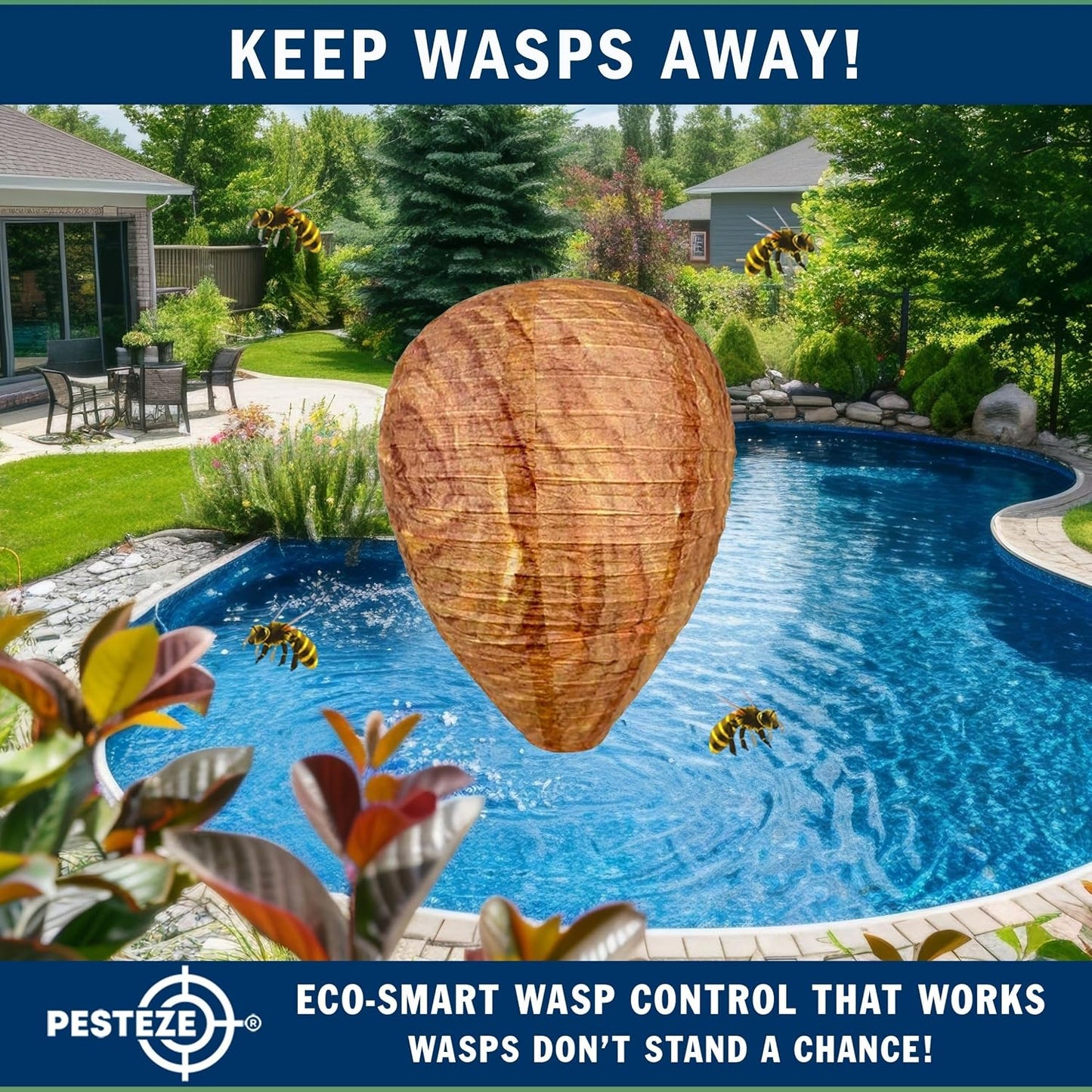 PESTEZE USA Premium Hanging Wasp Nest Decoy [11.8 x 8.6 Inch] — Faux Hornet Hive Deterrent Helps Deter Wasps, Hornets& Yellow Jacket Species Outdoors by Simulating Rival Hives Without Harsh Chemicals