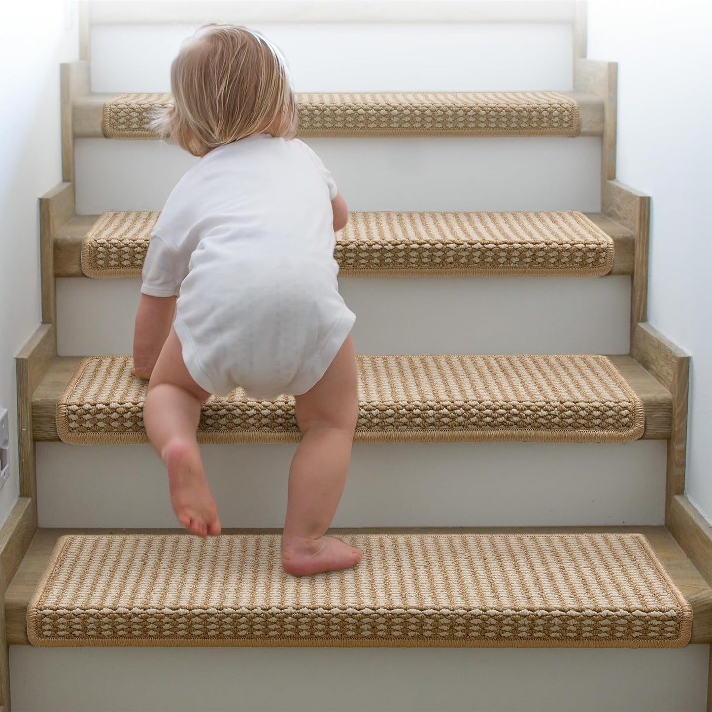 Brakki Bullnose Carpet Stair Treads, Non Slip Stair Treads for Wooden Steps Indoor, Stair Runner, Soft Stair Rugs, Edging Stair Protectors, Washable, 29.5"x9.5"x1.5" 14pcs, Beige