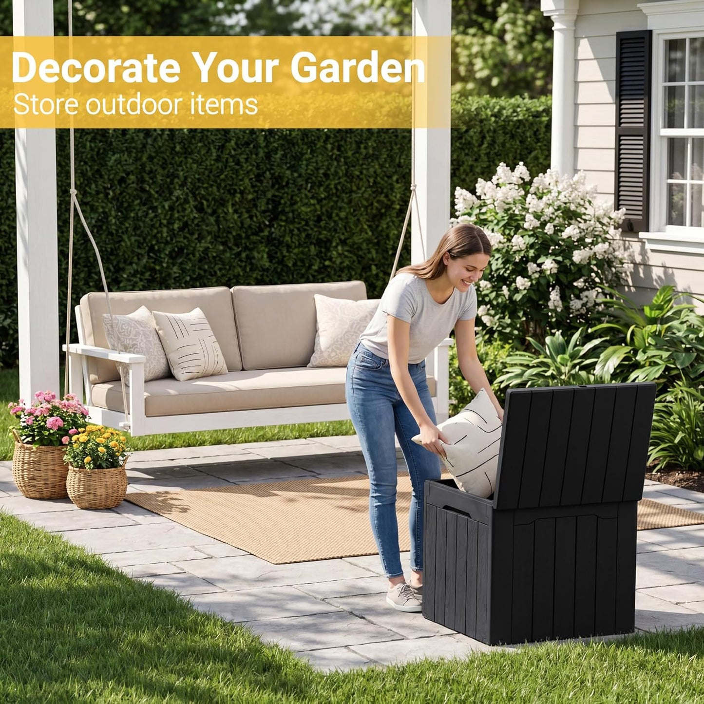 Greesum 31 Gallon Resin Deck Box All Weather Outdoor Storage Boxes for Patio Furniture Set,Outdoor Toys,Garden Tools,Black