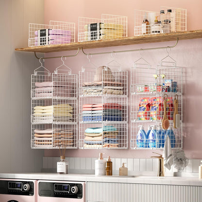 Sonyabecca 3-Tier Hanging Closet Organizers and Storage, Foldable Stackable Wire Basket Bins with 5 S Hooks, Space-Saving Hanging Closet Shelf for Clothing, Sweaters, Handbags, Hats,Purse