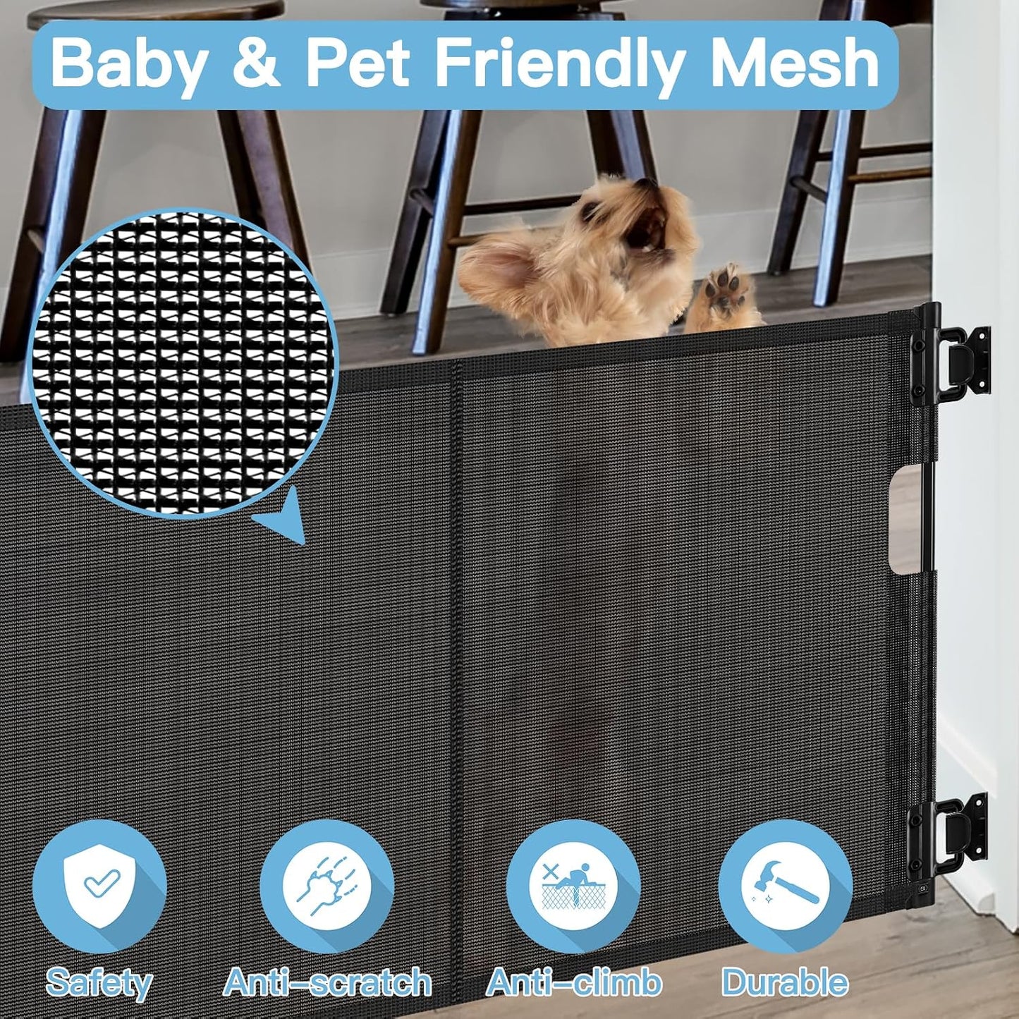 Short Dog Gate 0"-39" Wide Narrow Baby Gate 24” Tall Retractable Short Pet Gate to Step Over Short Baby Gate for Doorway, Low Pet Gate Indoor Doggie Gates Mesh Puppy Gate for Stairs, Black