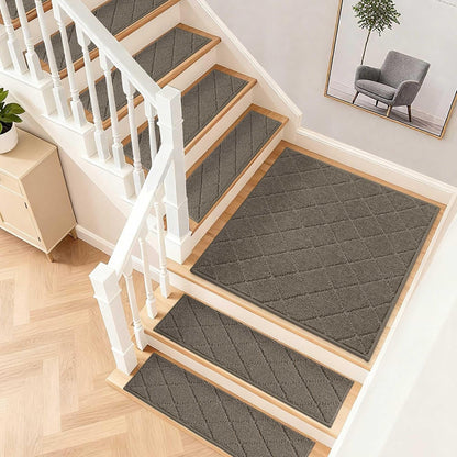 COSY HOMEER Edging Stair Treads Non-Slip Carpet Mat 28inX9in Indoor Stair Runners for Wooden Steps, Edging Stair Rugs for Kids and Dogs, 100% Polyester TPE Backing(4pc, Beige)
