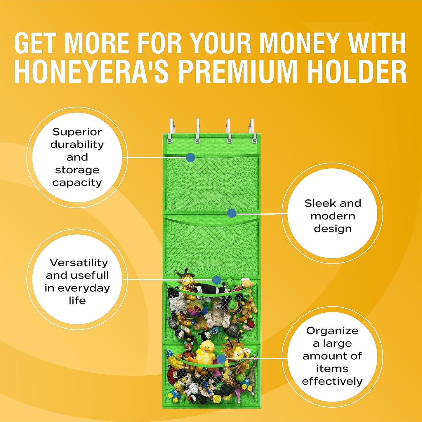 Honeyera The Original Stuffed Animal Storage (Patented) - Over Door Organizer for Stuffies, Baby Ideas Holder, Toy Plush Hammock Hanging Net Big Girls Toddler Large Bag Animals Stuffy Behind