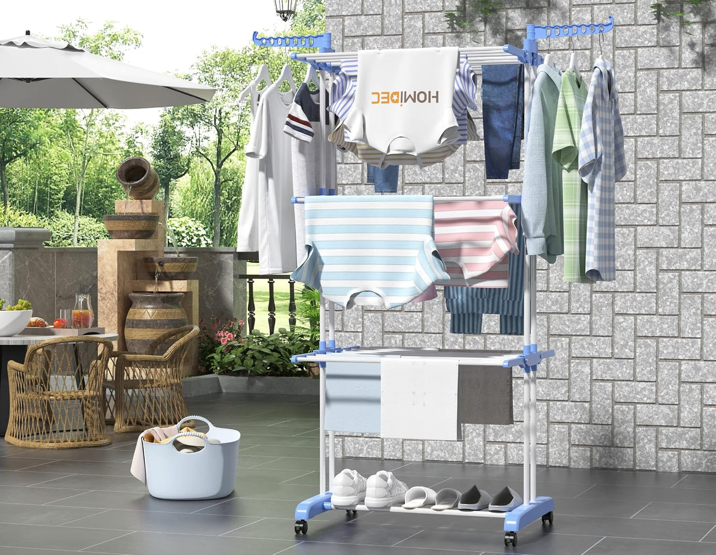 HOMIDEC Clothes Drying Rack, Oversized 4-Tier(67.7" High) Foldable Stainless Steel Drying Rack Clothing, Movable Drying Rack with 4 castors, 24 Drying Poles and 14 Hooks for Bed Linen, Clothing, Grey