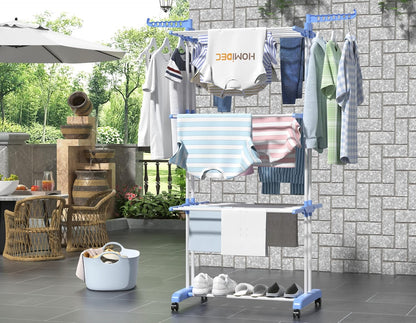 HOMIDEC Clothes Drying Rack, Oversized 4-Tier(67.7" High) Foldable Stainless Steel Drying Rack Clothing, Movable Drying Rack with 4 castors, 24 Drying Poles and 14 Hooks for Bed Linen, Clothing, Grey