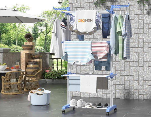 HOMIDEC Clothes Drying Rack, Oversized 4-Tier(67.7" High) Foldable Stainless Steel Drying Rack Clothing, Movable Drying Rack with 4 castors, 24 Drying Poles and 14 Hooks for Bed Linen, Clothing, Grey