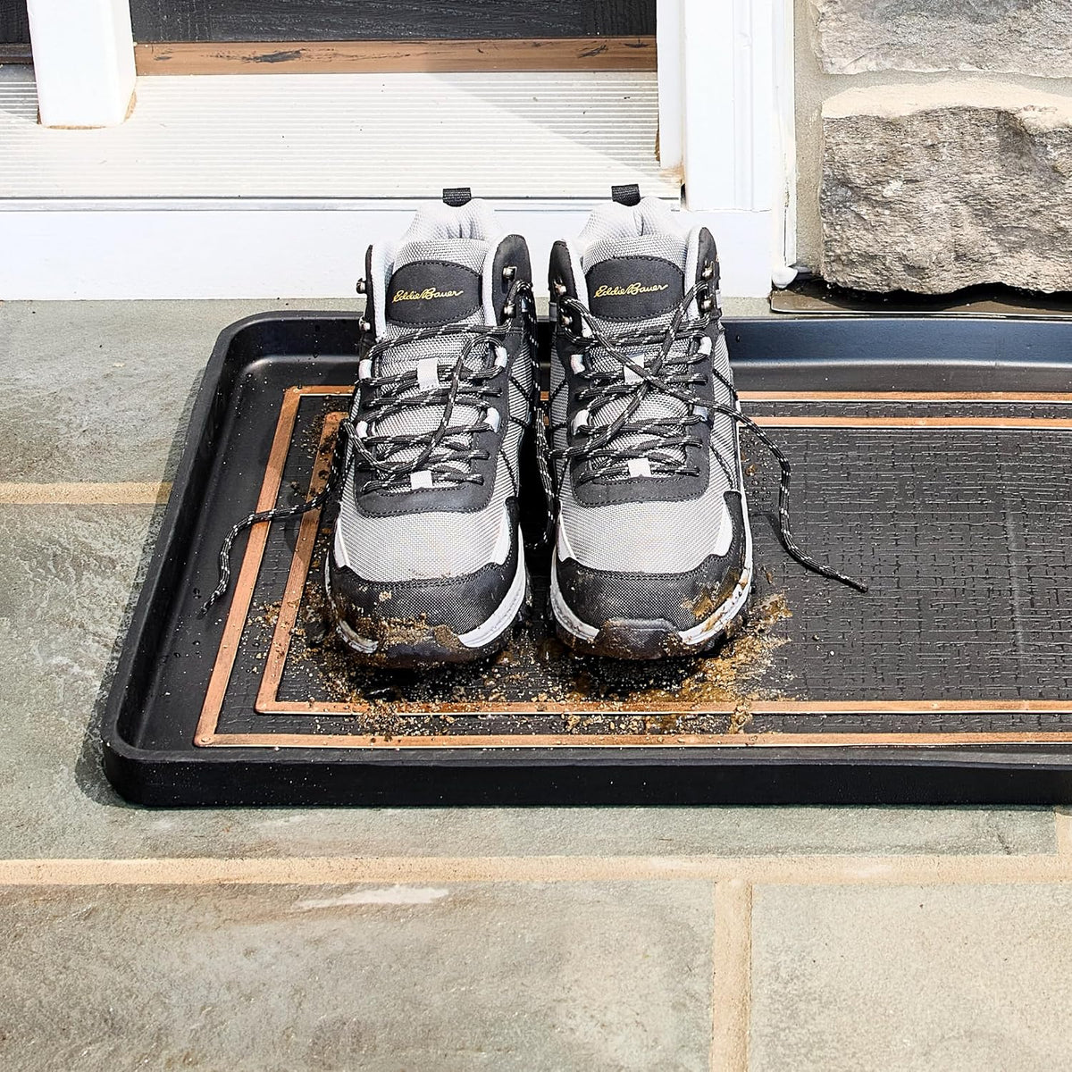 Eddie Bauer Rubber Boot Tray – Lake Waves Design, 16"x32", Black – Waterproof Entryway Boot Mat