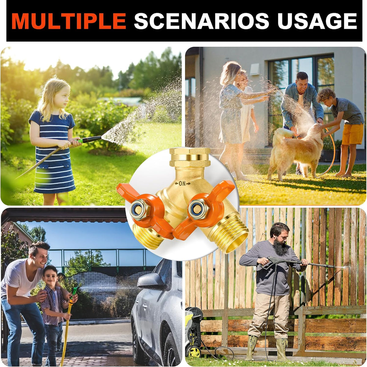 Garden Hose Splitter 3/4" GHT Full Flow 2 Way Brass Hose Splitter Heavy Duty All Metal Hose Y Splitter with Shutoff Outdoor Faucet Water Hose Splitter Y Valve Tap Adapter for Outdoor Garden