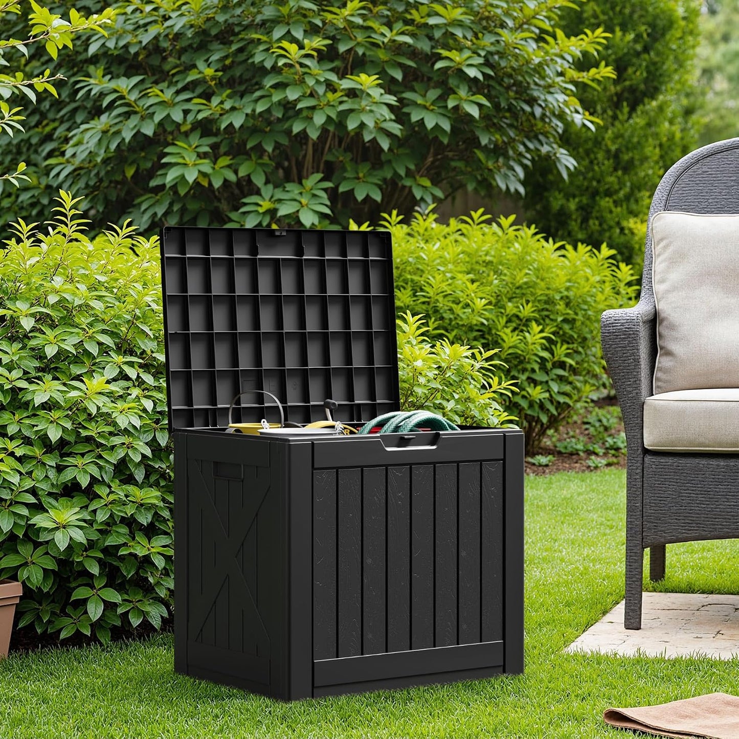 Flamaker Resin Deck Box 120 Gallon Waterproof Large Outdoor Indoor Storage Box Imitation Wood Resin for Patio Furniture Garden Tools and Pool (Black)