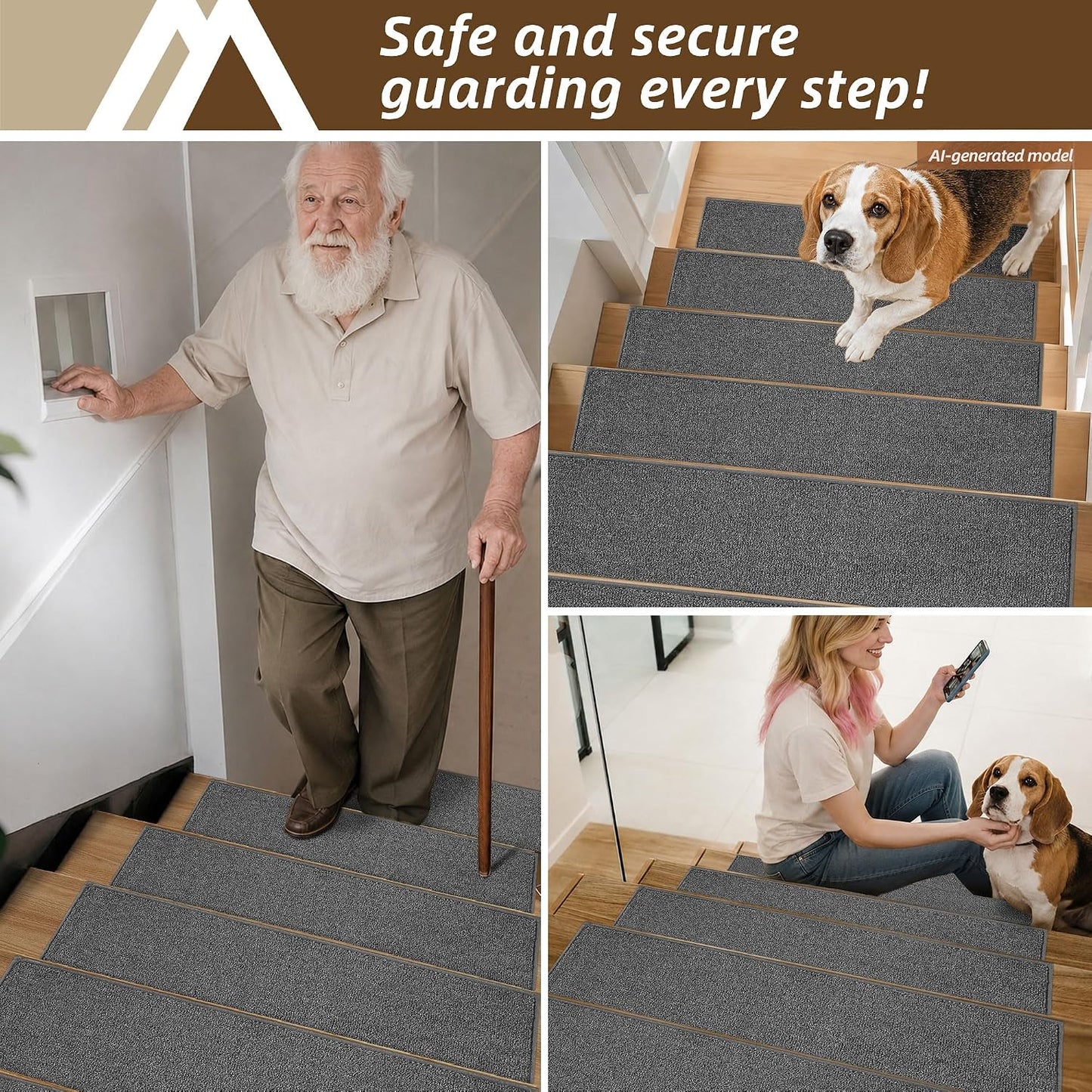 COSY HOMEER Stair Treads Non-Slip Carpet Stair Treads for Wooden Steps, Indoor Stair-Runner Rugs for Kids Elders & Pets 28"x9" (4Pc, Dark Gray)