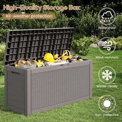 Outdoor Storage Box, 31 Gallon Resin Deck Boxes Outdoor Waterproof For Patio Furniture, Garden Tools, Pool Supplies, Lockable And UV Resistant (Rattan Gray)