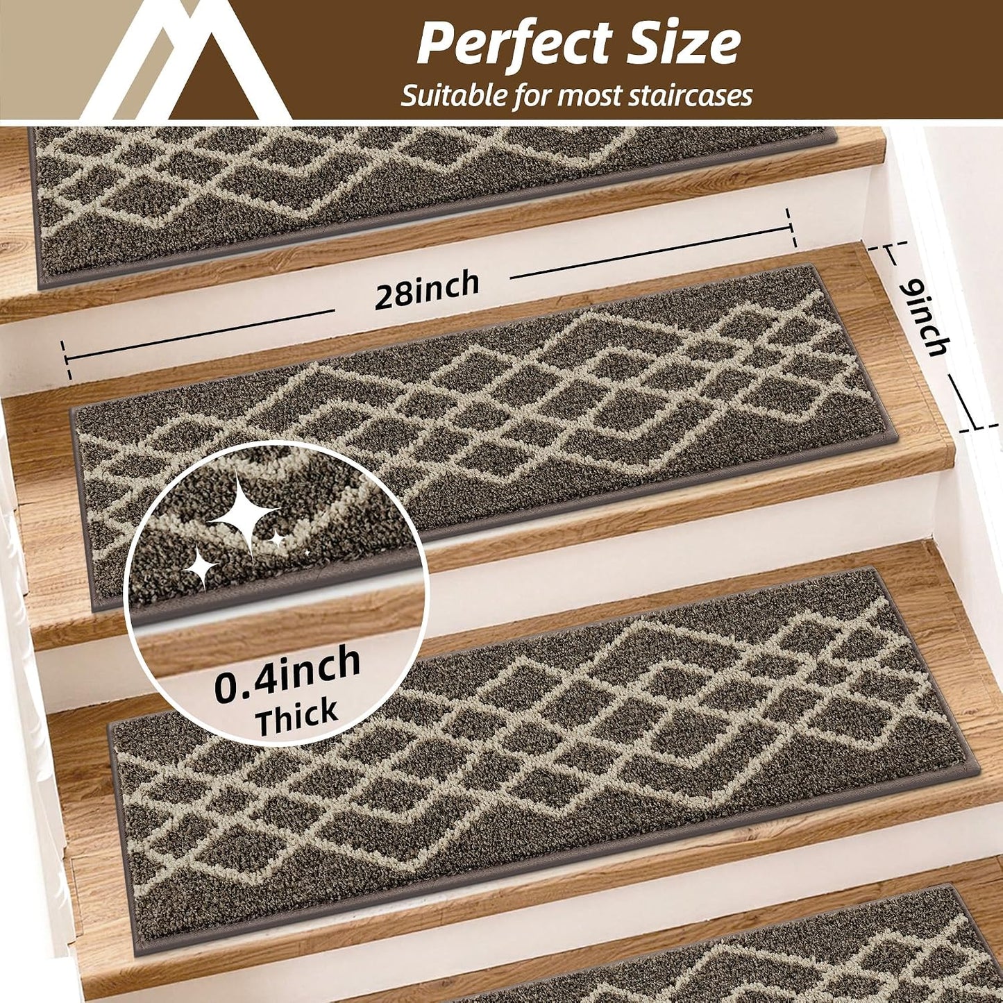 COSY HOMEER Soft Stair Treads Non-Slip Carpet Mat 28inX9in Indoor Stair Runners for Wooden Steps,Stair Rugs for Kids and Dogs, 100% Polyester TPE Backing 7pcs,Black,Rhombus