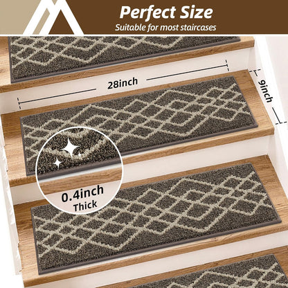 COSY HOMEER Soft Stair Treads Non-Slip Carpet Mat 28inX9in Indoor Stair Runners for Wooden Steps,Stair Rugs for Kids and Dogs, 100% Polyester TPE Backing 7pcs,Black,Rhombus