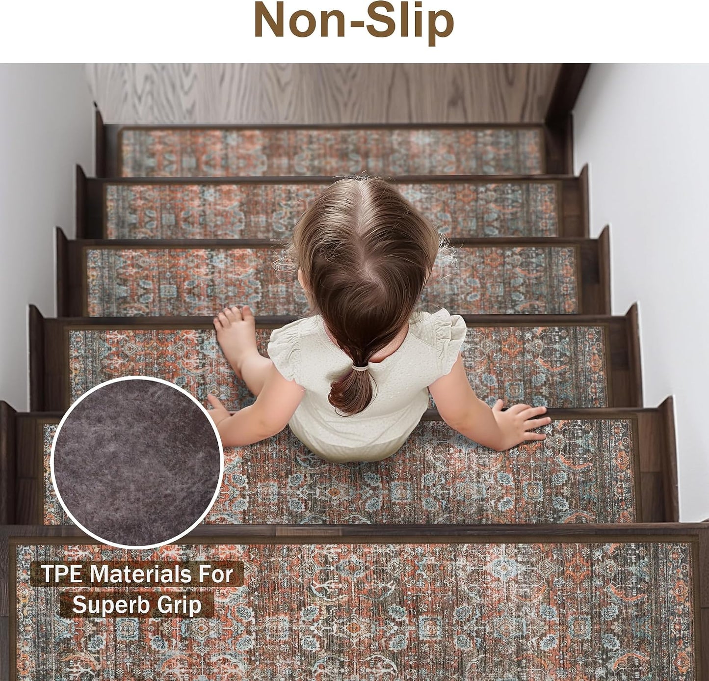 sarben Non Slip Stair Treads for Wooden Steps 15PCS - 8"x30" Indoor Safety Carpet, Edging Mats with TPE Adhesive Backing, Pet and Elderly Friendly Stair Rugs (Taupe) - Colors B