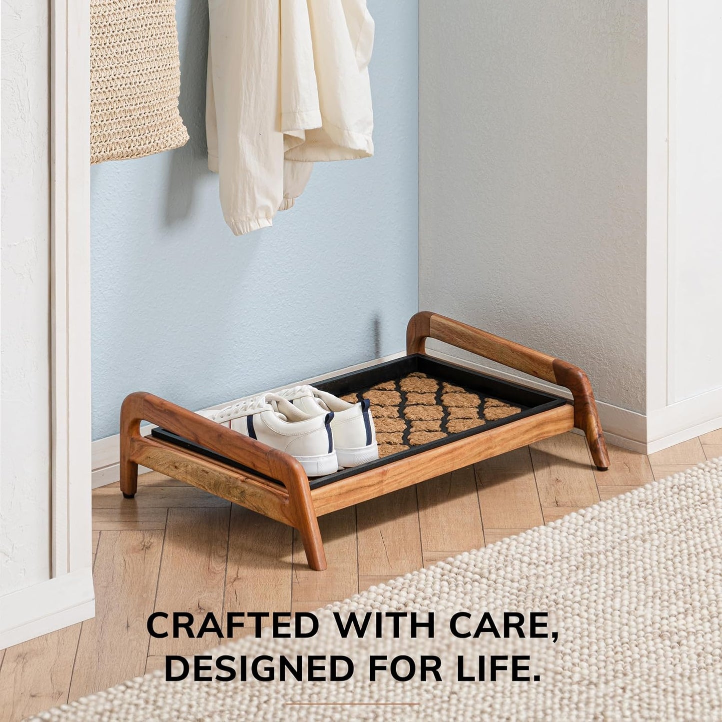 Anji Mountain Heavy Duty Waterproof Wooden Shoe Storage Mat Organizer/Boot Storage Tray Multi Use for Entryway with Coir, Tan Rectangle Embossed Insert, 1 Tier, Fits 2 Pair (26.5" Wide)