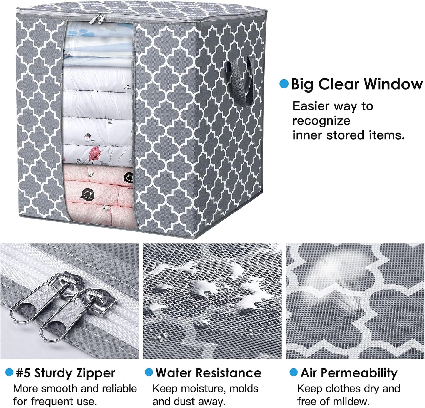 WISELIFE Storage Bags 3 Pack/100L Large Blanket Clothes Organization and Storage Containers for Comforters,Bedding, Foldable Organizer with Reinforced Handle, Clear Window, Sturdy Zippers,Gray